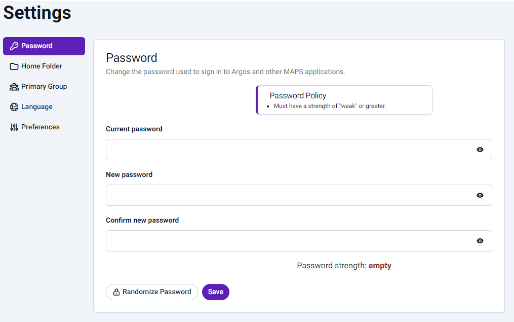Settings dialog showing option to change password